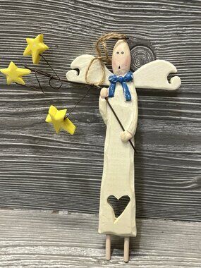 Primitive Skinny Angel Ornament with Stars 7” Jute Hanger Celestial Holiday